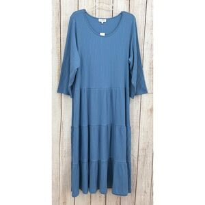 Sweet Salt Blue Tiered Ribbed‎ Midi Dress 1X Cotton Blend Scoop Neck 3/4 Sleeve